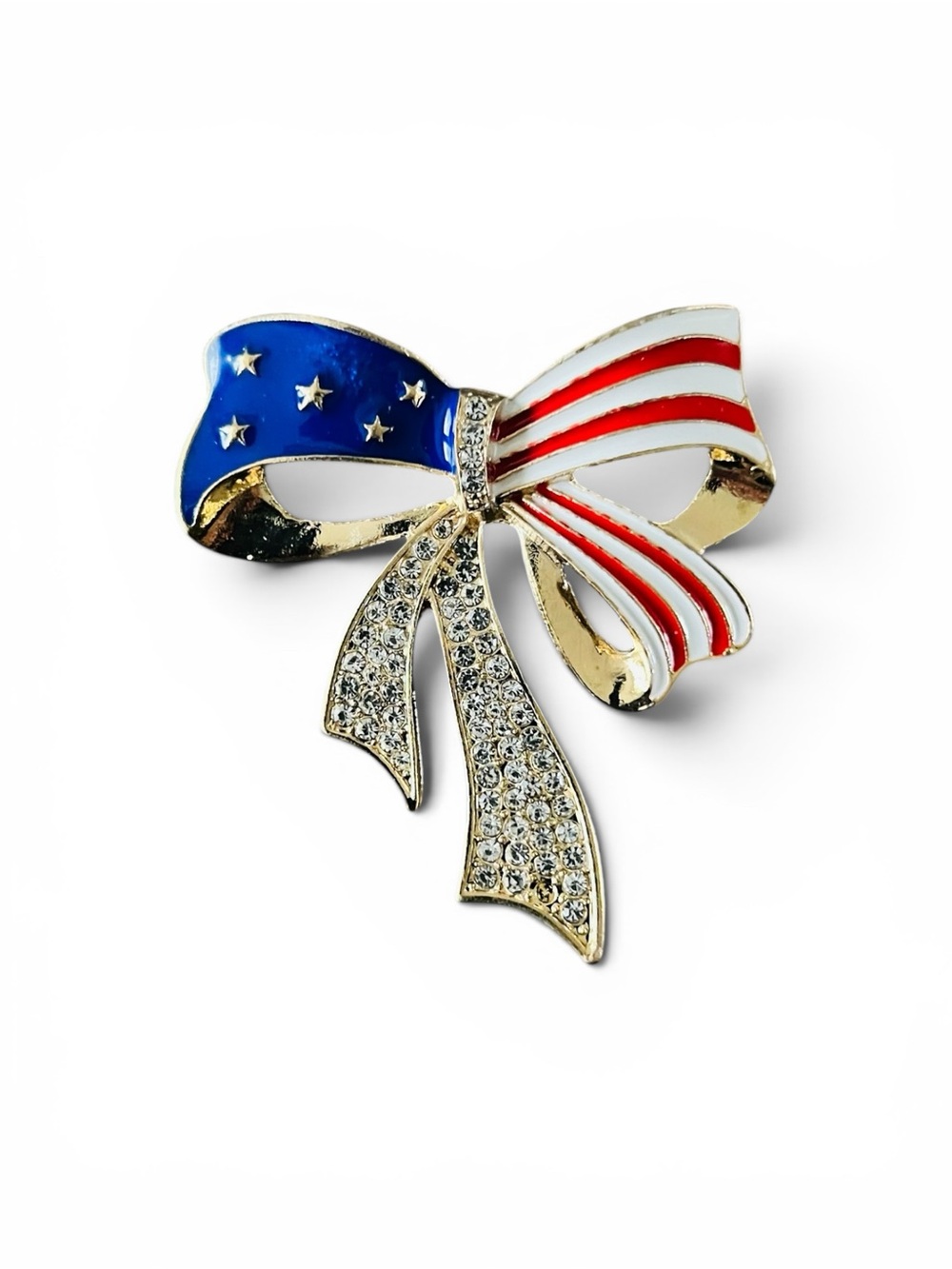 Americana Bow Brooch with Rhinestone Accents - Gold Tone Setting